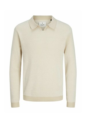 Maglione a maglia beige chiaro con collo a camicia e polsini a coste. Presenta un motivo testurizzato e un design dalla vestibilità rilassata.