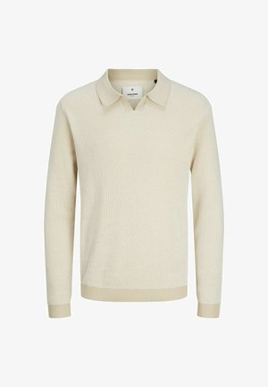 Maglione a maglia beige chiaro con collo a camicia e polsini a coste. Presenta un motivo testurizzato e un design dalla vestibilità rilassata.