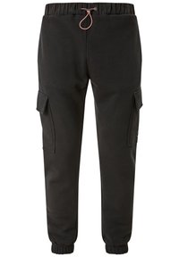 Svarta cargobyxor i mjuk tyg; har en elastisk midja med dragsko, ribbade muddar och sidofickor för funktion.