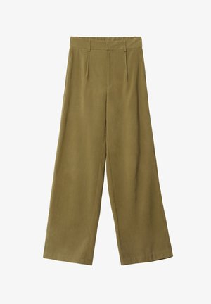 Svetlozelené široké nohavice vyrobené z mäkkého materiálu. Značkové vysoko vyhrnuté, s prednými záhybmi a hladkým povrchom.