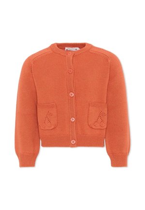 Cardigan arancione lavorato a maglia con maniche lunghe, collo rotondo, bottoni frontali, polsini, orlo a coste e due piccole tasche frontali con motivo di ciliegie.
