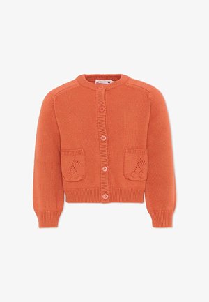 Pomarańczowy sweter na guziki, z długimi rękawami, okrągłym dekoltem, prążkowanymi mankietami, dołem oraz dwoma małymi przednimi kieszeniami z motywem wiśni.