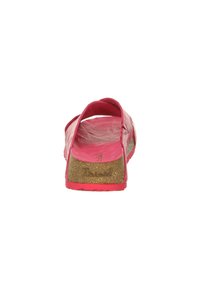 Open-toe pink sandal with textured leather upper, cork footbed, and rubber outsole. Strap contours around the back for secure fit.
