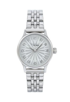 Zilveren polshorloge met een ronde kast, stralende textuur wijzerplaat, 12 kristallen markeringen en een roestvrijstalen band. 