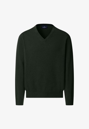 Ciemnozielony sweter z długim rękawem w kształcie litery V z prążkowanymi mankietami i dolnym brzegiem, wykonany z delikatnego materiału dzianinowego, marki Hackett London.
