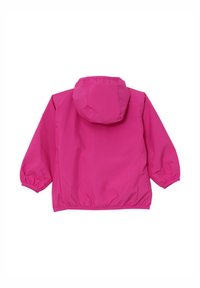 Giacca leggera rosa con cappuccio, maniche lunghe, polsini elasticizzati e un design semplice. Realizzata in materiale liscio e resistente all'acqua.