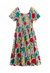 Robe floral avec des manches bouffantes courtes, un décolleté carré et un corsage smocké. Affiche un imprimé coloré de fleurs rouges, jaunes et roses sur un fond bleu.