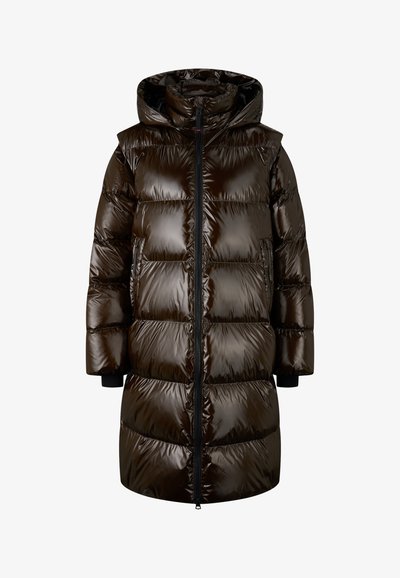 Bruine glanzende pufferjas met een capuchon, voorzien van een volledige ritssluiting, ribbelmanchetten en gestikte panelen voor isolatie.