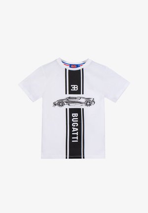 Camicia bianca a maniche corte con striscia verticale nera, logo Bugatti e illustrazione di un'auto sportiva sul petto.