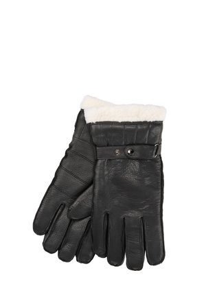 Ein Paar schwarze Lederhandschuhe mit weißem Fleecefutter und einem Druckknopf-Riemen am Handgelenk, flach auf weißem Hintergrund liegend.