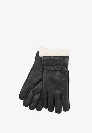 Ein Paar schwarze Lederhandschuhe mit weißem Fleecefutter und einem Druckknopf-Riemen am Handgelenk, flach auf weißem Hintergrund liegend.