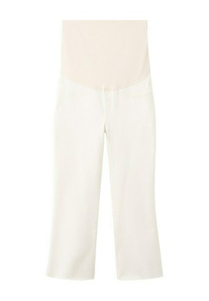 Pantalones de maternidad blancos con una cinturilla ancha y elástica en beige para soporte del vientre, diseño de pierna recta y corto.