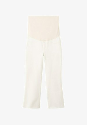 Pantalones de maternidad blancos con una cinturilla ancha y elástica en beige para soporte del vientre, diseño de pierna recta y corto.