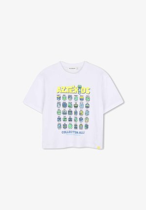 Wit T-shirt met kleurrijke cartoonmonsters in een raster, gelabeld "Aztekids" en tekst "Collect'em All!" onderaan.