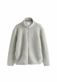 Light gray, zip-up jacket made of textured fleece material with a high collar and side pockets. Simple design, no visible patterns or embellishments.
