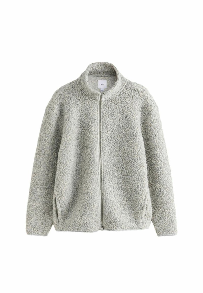 Light gray, zip-up jacket made of textured fleece material with a high collar and side pockets. Simple design, no visible patterns or embellishments.