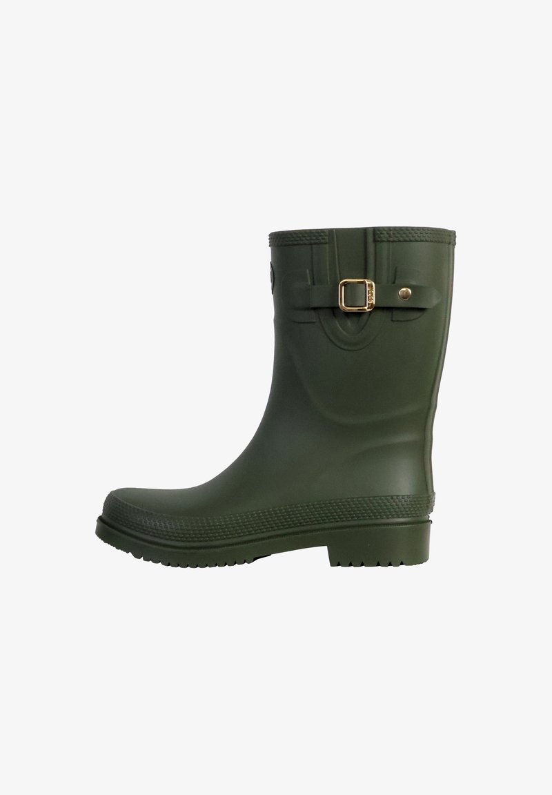 Botas de lluvia verdes de goma con una suela texturizada, un detalle de hebilla y un acabado liso. Presentan una punta redondeada y una altura hasta la mitad de la pantorrilla.