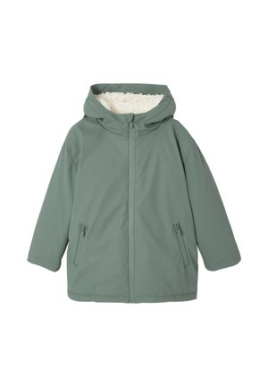 Green hooded winter jacket with front zipper, zippered side pockets, and white fleece lining inside the hood.