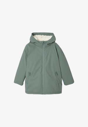 Green hooded winter jacket with front zipper, zippered side pockets, and white fleece lining inside the hood.