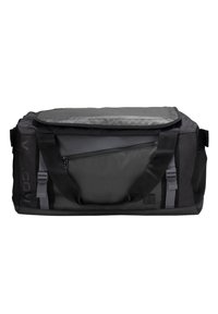 Borsa da viaggio nera realizzata in materiale resistente, con parte superiore trapuntata, spallacci regolabili e una tasca frontale con zip per lo stoccaggio.