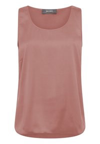 Ärmlös topp i dammrosafärg, med rund halslinning och en slät, lätt glansig tyg. Klassisk snitt med minimala detaljer.