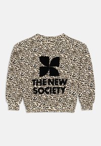 Mikina s leopardím vzorom, so zaobleným výstrihom, dlhými puff rukávmi a výrazným čiernym logom s textom "THE NEW SOCIETY".