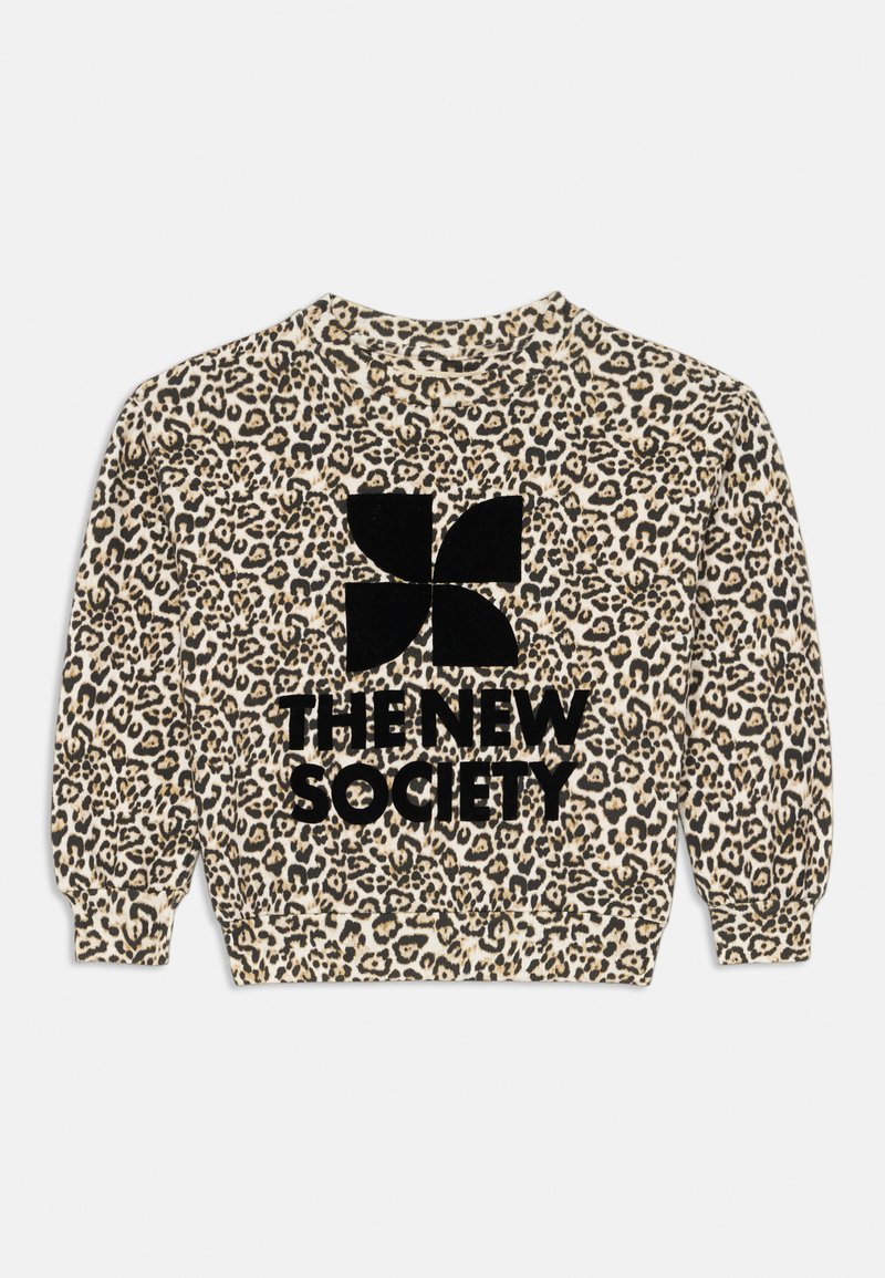 Mikina s leopardím vzorom, so zaobleným výstrihom, dlhými puff rukávmi a výrazným čiernym logom s textom "THE NEW SOCIETY".