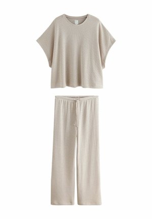 Hellbeiges gestreiftes Lounge-Set mit einem locker sitzenden Kurzarmoberteil und weiten Hosen mit elastischem Bund und Kordelzug.