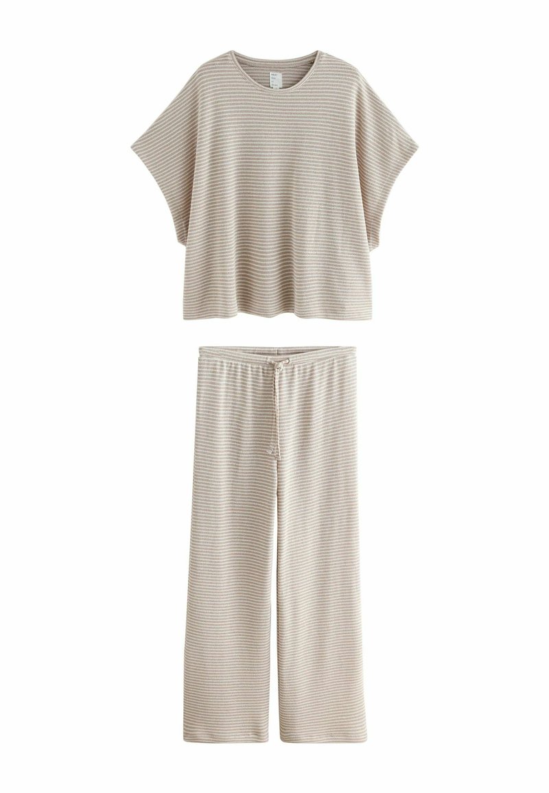 Hellbeiges gestreiftes Lounge-Set mit einem locker sitzenden Kurzarmoberteil und weiten Hosen mit elastischem Bund und Kordelzug.