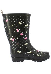 Bottes de pluie en caoutchouc noir avec des pois blancs et des motifs floraux en rose et blanc. Semelle noire solide avec un design texturé pour une meilleure adhérence.
