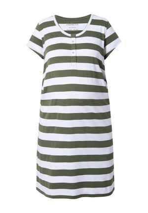 Krátké šaty s krátkým rukávem sahající do kolen, s širokými vodorovnými olivově zelenými a bílými pruhy, kulatým výstřihem a zapínáním na tři knoflíky.