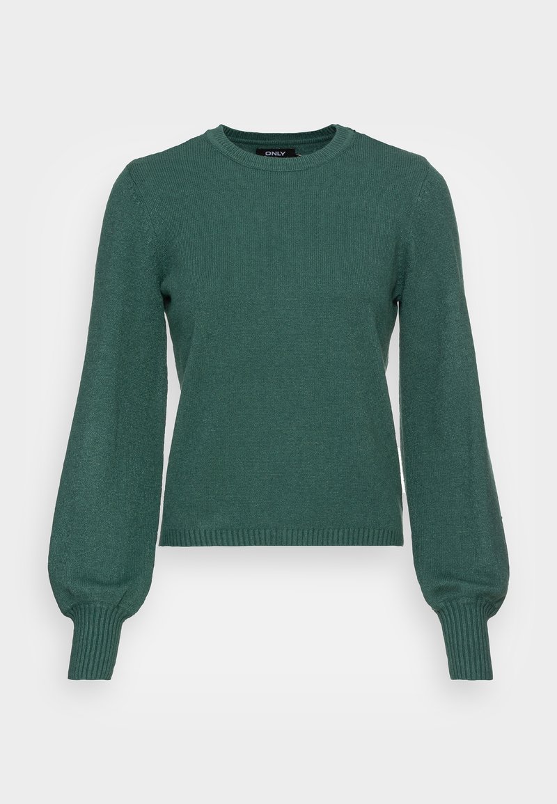 Grön stickad tröja med rund halsringning, ribbade muddar och något puffade långa ärmar. Slät textur med en subtil lyster.