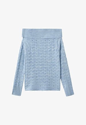 Pull en tricot bleu clair avec une conception dégageant les épaules, un motif texturé, des manches longues et des poignets côtelés.
