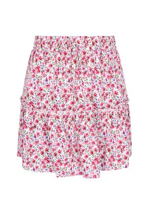 Fusta florală cu un fundal alb și flori roz, roșii și albastre. Are un talie elastică și detalii cu margine franjurată.