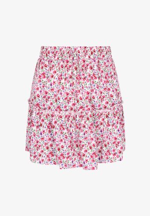 Lillelillelise seelik, millel on valge taust ja roosad, punased ja sinised lilled. Tal on elastne vöökoht ja volangiga ääred.