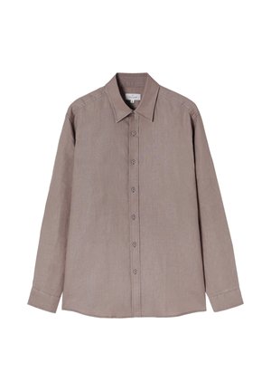 Dlhý rukáv košele v tlmenom hnedom odtieni, vyrobená z textúrovanej tkaniny. Obsahuje golier a zapínanie na gombíky vpredu so sivými gombíkmi.
