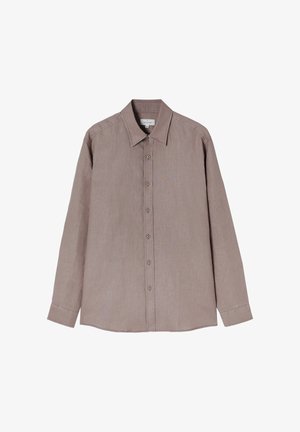 Srajca z dolgimi rokavi v umirjeni rjavi barvi, izdelana iz teksturirane tkanine. Ima ovratnik in sprednje zapiranje na gumbe v sivi barvi.