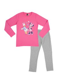 Maglietta a maniche lunghe rosa con grafica di personaggi dei cartoni animati, abbinata a leggings grigi con vita elastica, realizzati in tessuto morbido.
