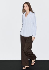 Camicia azzurro chiaro con colletto, abbinata a pantaloni marroni larghi e ciabatte nere, con un focus su una vestibilità rilassata e un design contemporaneo.