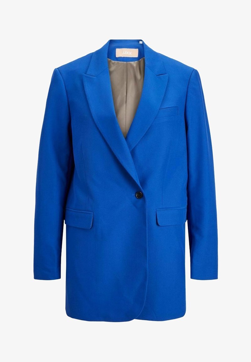 Blazer bleu électrique à un bouton avec revers crantés, deux poches avant à rabat, et doublure intérieure beige visible au niveau du col.