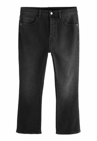 Jean noir taille mi-haute, jambes droites, avec fermeture à bouton et zip à l'avant, passants pour ceinture et style cinq poches.
