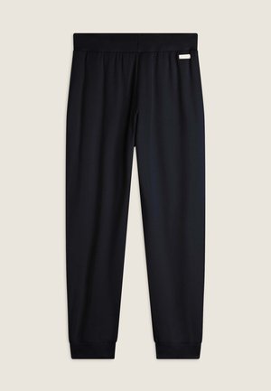 Pantaloni sportivi neri con una texture liscia, vita elastica e polsini aderenti alle caviglie. Nessun motivo visibile o dettagli metallici.