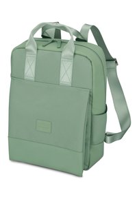 Zöld hátizsák, texturált anyagból készült, dupla hordozófüllel, állítható vállpánttal és egy elülső zsebbel, amelyen egy diszkrét logó található.