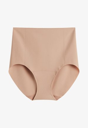 Beige high-waisted slip gemaakt van soepele stof. Kenmerkt zich door platte naden, volledige bedekking en een eenvoudig ontwerp zonder versieringen.