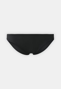 Črne bikini hlačke z gladkim, raztegljivim materialom. Imajo nizko stanje in zmerno pokritost. Brezšivne robove za udobje.