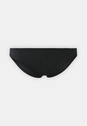 Črne bikini hlačke z gladkim, raztegljivim materialom. Imajo nizko stanje in zmerno pokritost. Brezšivne robove za udobje.