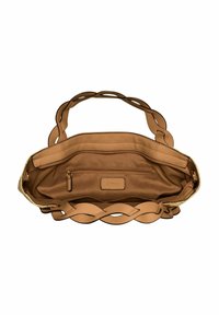 Sac fourre-tout marron avec poignées en cuir tressé. L'intérieur comprend une poche zippée et une doublure en tissu lisse. Design fonctionnel et spacieux.