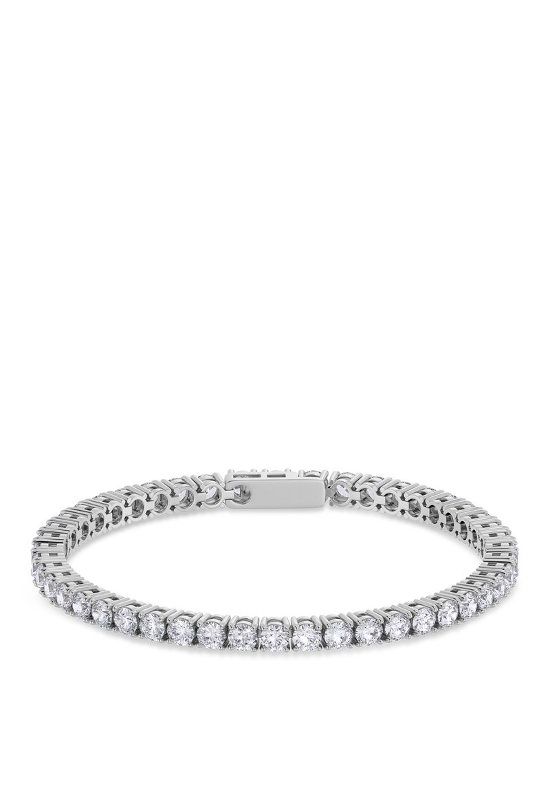 Bracciale in metallo argento con una fila di piccoli cristalli trasparenti rotondi fissati in un design flessibile a catena e un gancio sicuro.