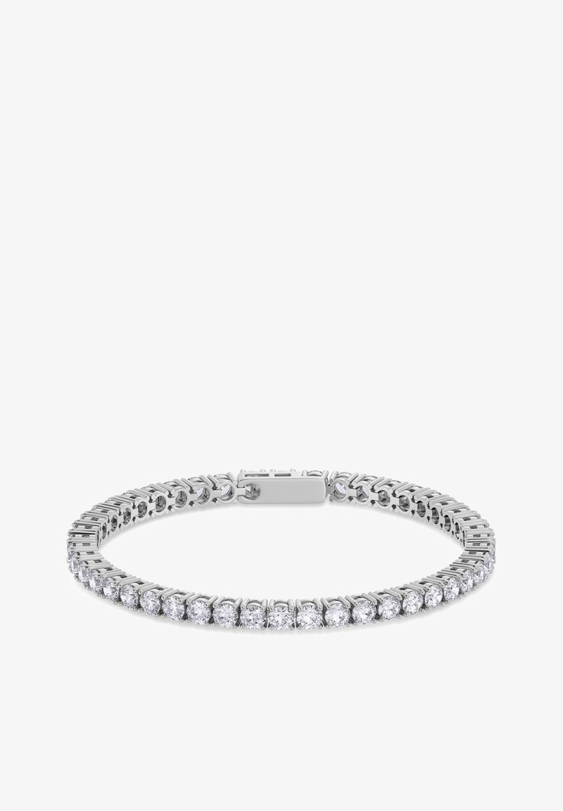 Hõbedane metallkätis, millel on rida väikeseid, ümmargusi, selgeid kristalle, mis on paigutatud paindlikku, ühendatud disaini ning turvalise lukuga.