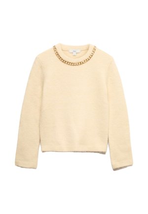Crème trui met lange mouwen, ronde halslijn en een gouden kettingaccent rond de kraag. Zachte textuur met een iets cropped pasvorm.